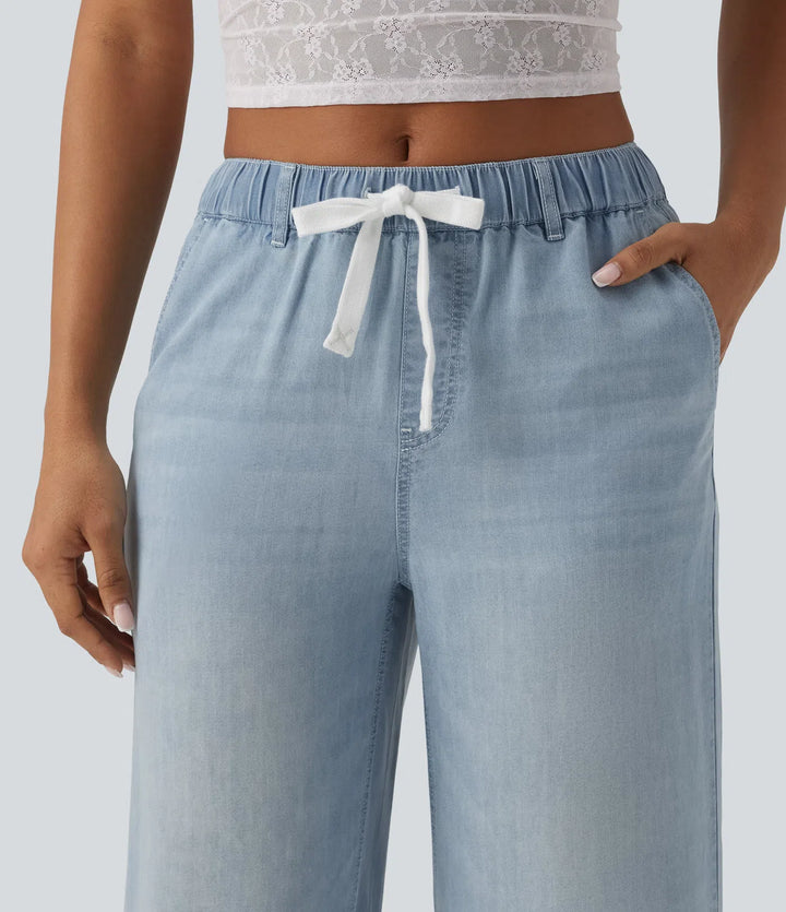 Halara Flex Mid Rise Drawstring Lyocell Washed Casual Jeans with Pockets