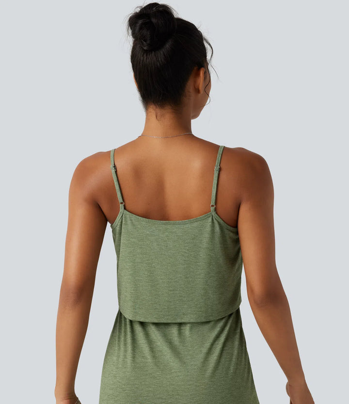 Drawstring Curved Split Hem Midi Casual Slip Dress