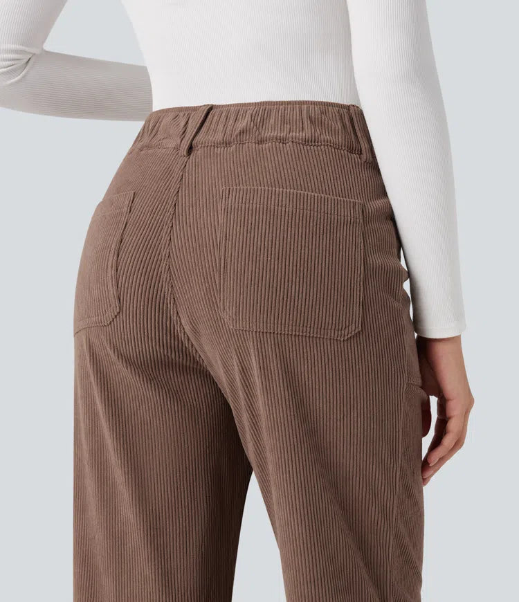 High Waisted Corduroy Casual Straight Leg Trousers with Pockets