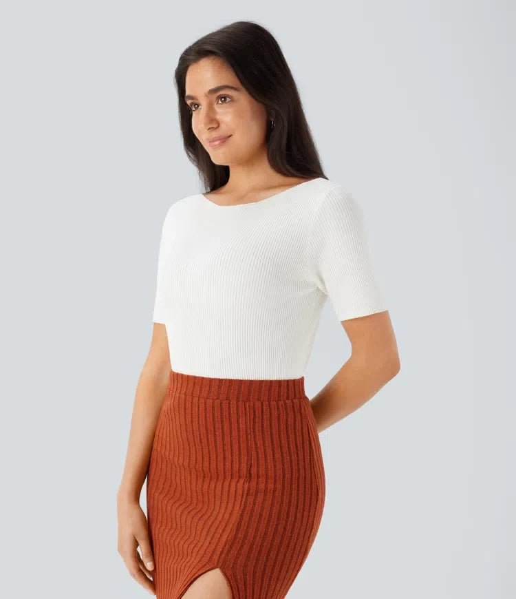 Boat Neck Short Sleeve Slim Work Jumper