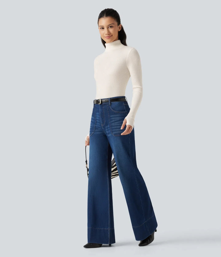 High Neck Long Sleeve Thumb Hole Work Wool-Blend Jumper