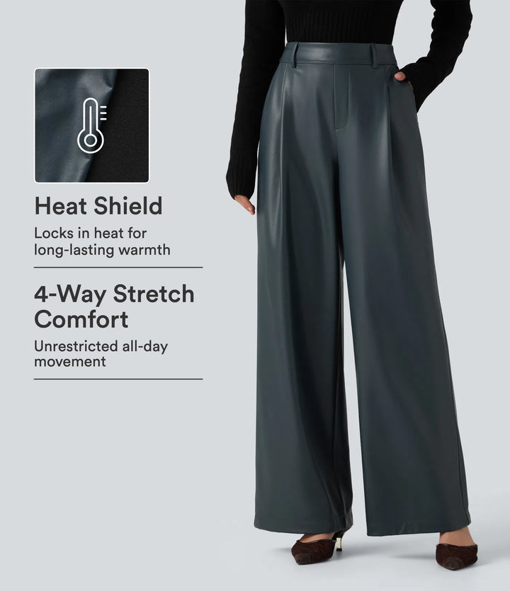 High Waisted Wide Leg Stretchy PU Fleece Casual Trousers with Pockets