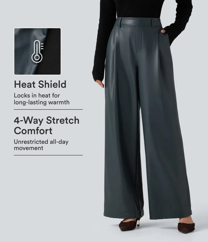 High Waisted Wide Leg Stretchy PU Fleece Casual Trousers with Pockets