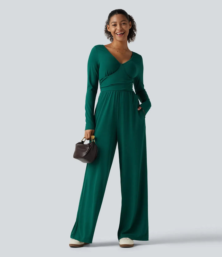 V Neck Long Sleeve Ruched Wide Leg Casual Jumpsuit with Pockets-Easy Peezy Edition