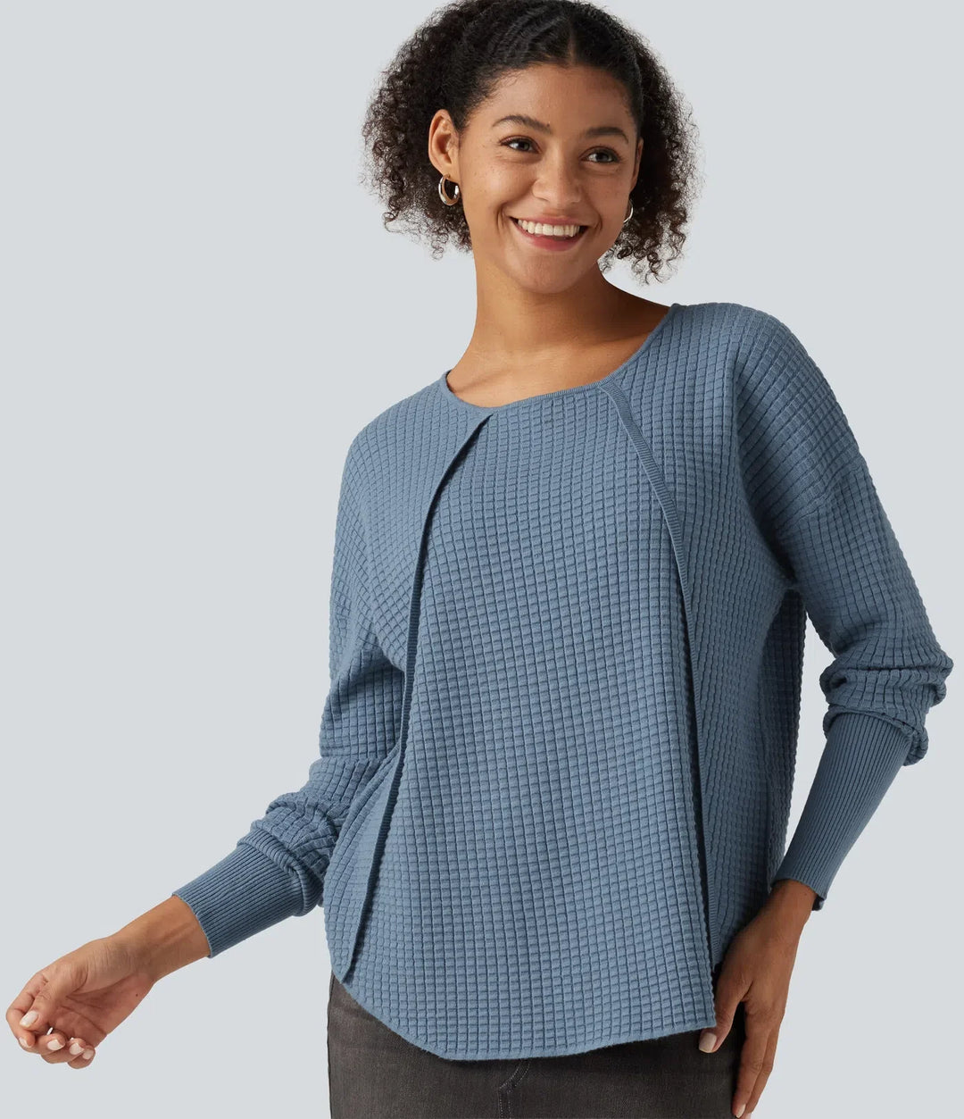 Round Neck Bishop Long Sleeve Curved Hem Casual Jumper