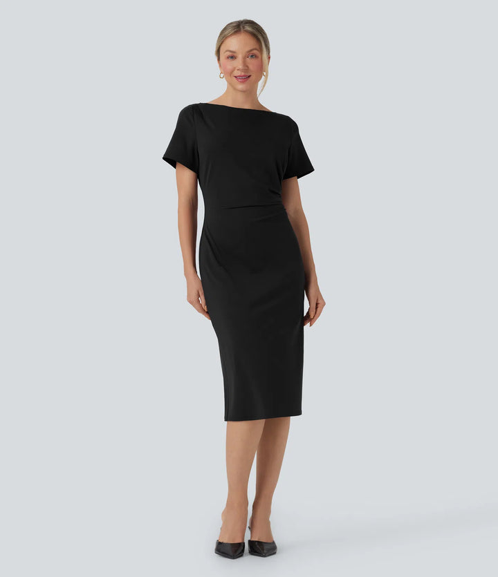 Short Sleeve Ruched Bodycon Midi Work Dress