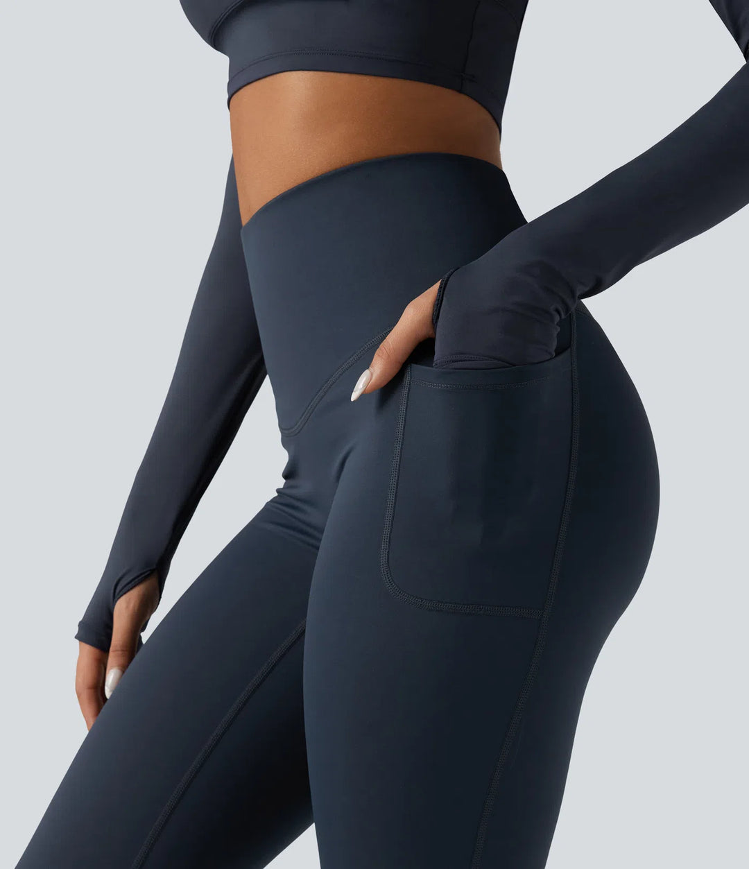 Halara Ultrasculpt Heat High Waisted Tummy Control Crossover Back Fleece Running Leggings with Pockets