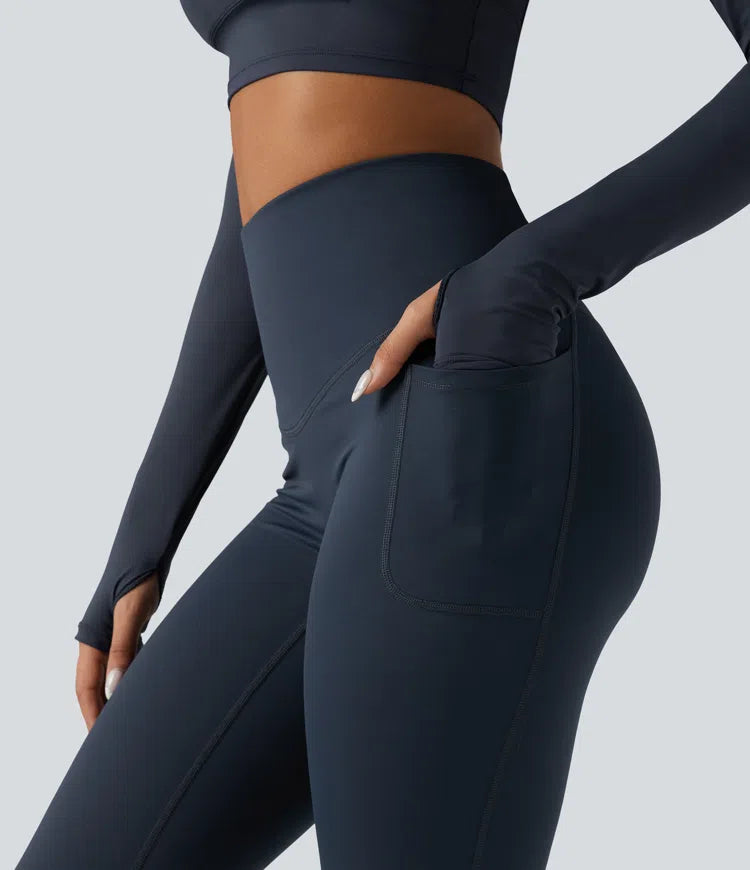 Halara Ultrasculpt Heat High Waisted Tummy Control Crossover Back Fleece Running Leggings with Pockets