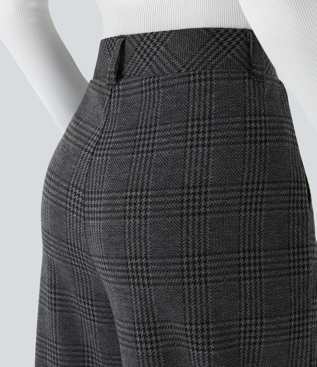 High Waisted Pocket Wide Leg Houndstooth Plaid Casual Trousers