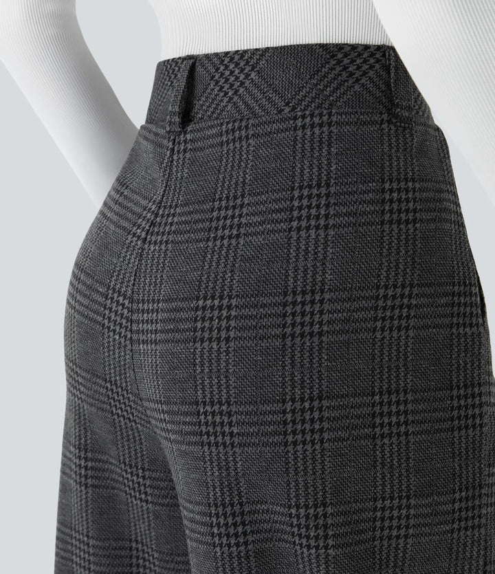High Waisted Pocket Wide Leg Houndstooth Plaid Casual Trousers
