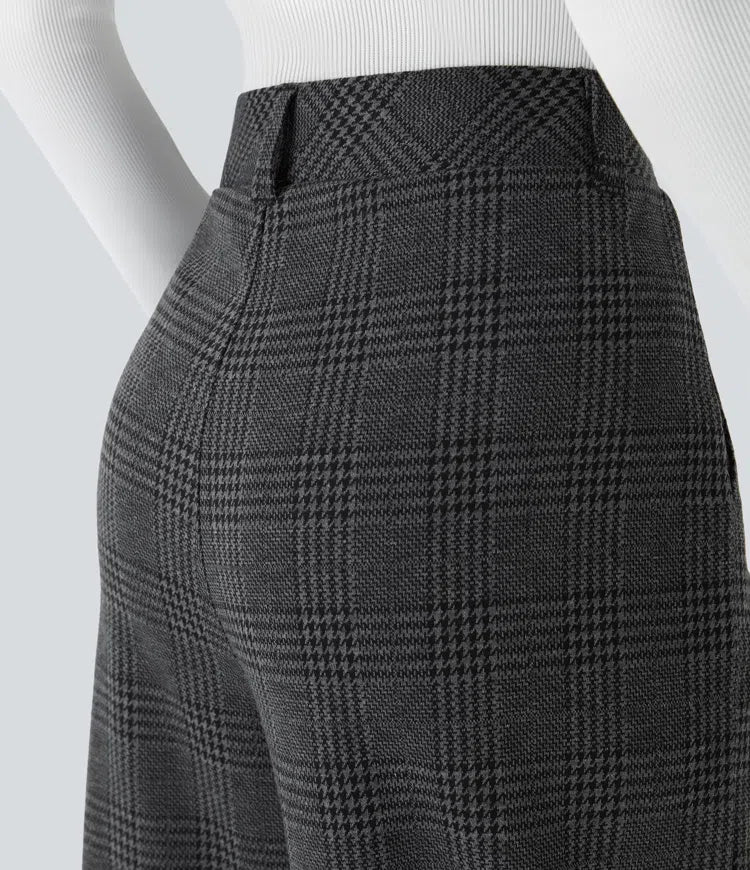 High Waisted Pocket Wide Leg Houndstooth Plaid Casual Trousers