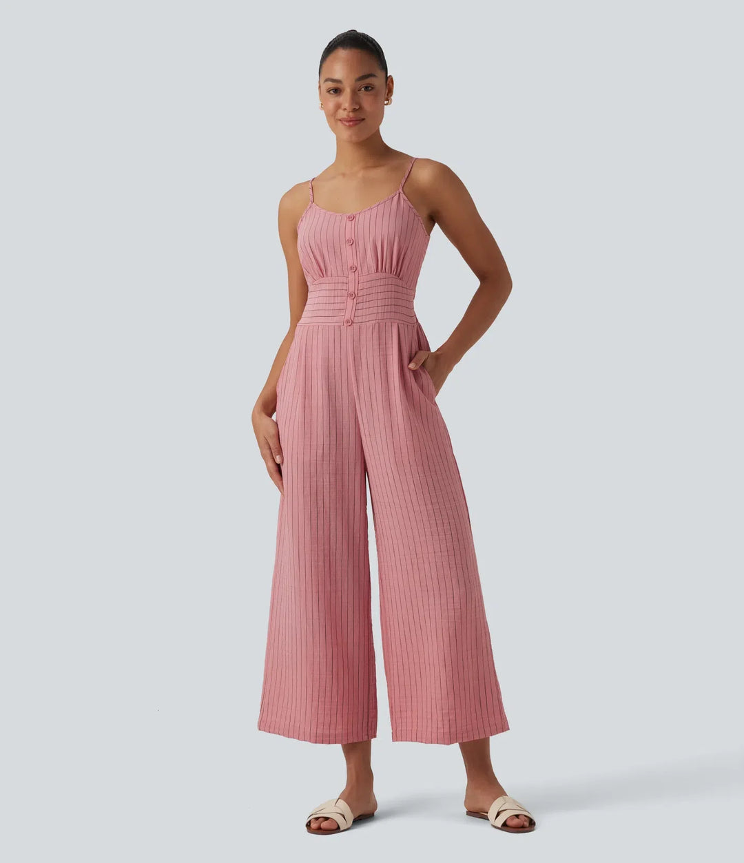 Tie Back Cut Out Stripe Linen-Feel Slip Jumpsuit with Pockets