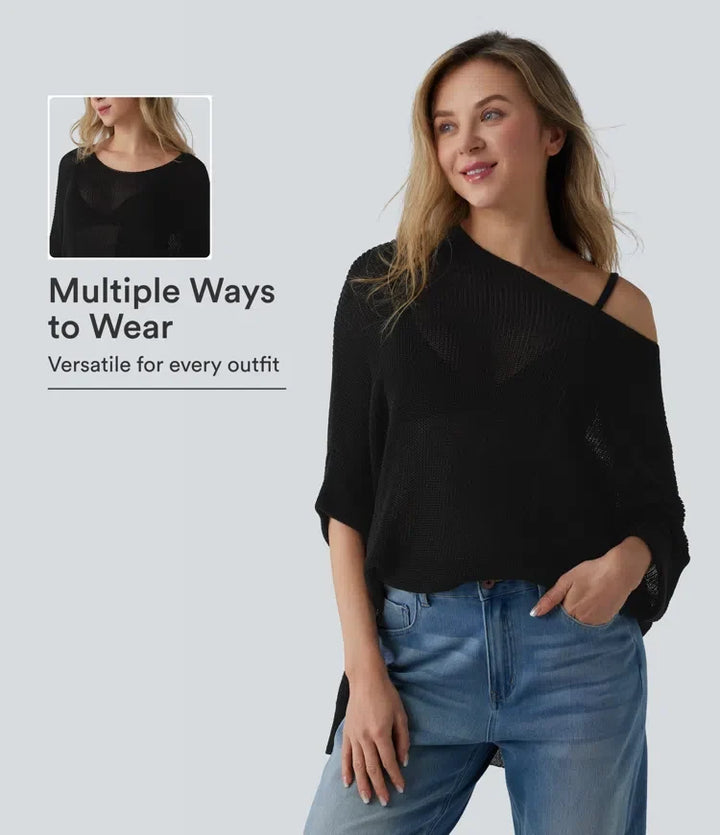 One-shoulder Half Sleeve Split Hem Oversize Casual Jumper with Pocket