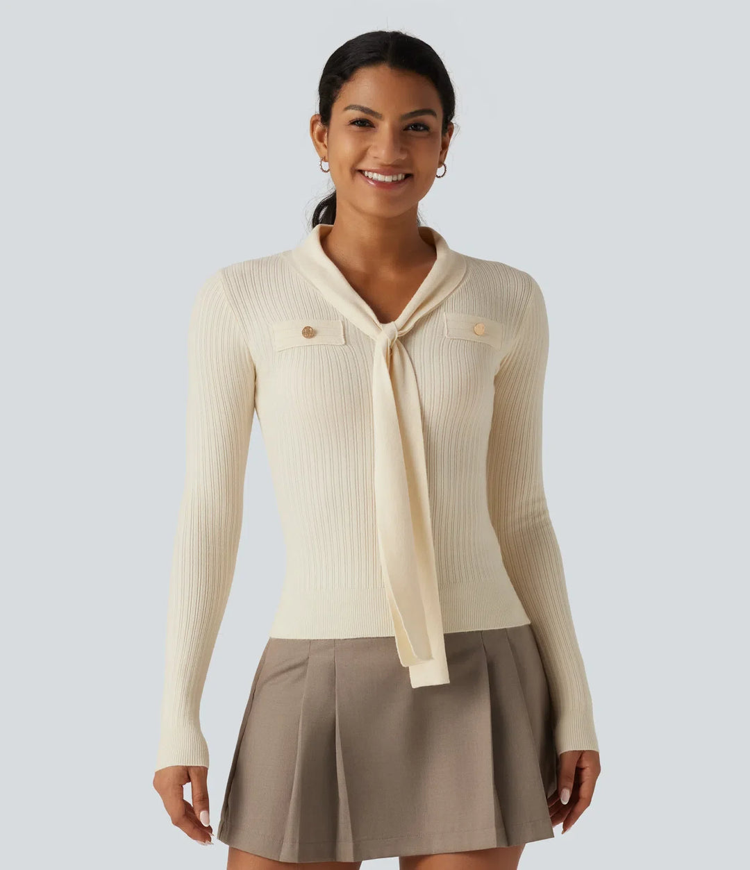 V Neck Long Sleeve Tie Front Slim Work Jumper