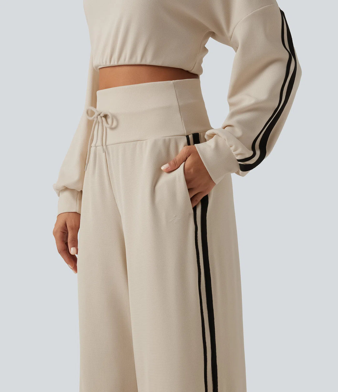 High Waisted Drawstring Wide Leg Side Stripe Waffle Casual Trousers with Pockets