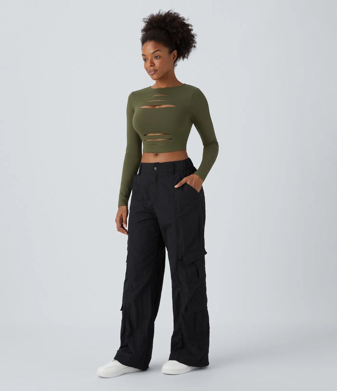 DayStretch Round Neck Long Sleeve Cut Out Ripped Skinny Cropped Casual Top