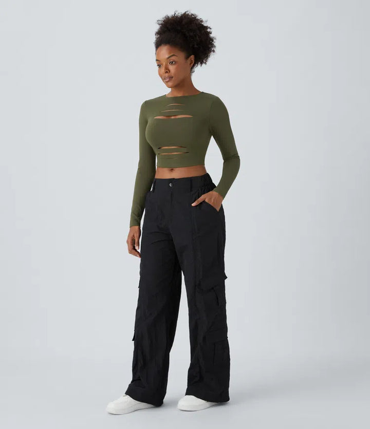 DayStretch Round Neck Long Sleeve Cut Out Ripped Skinny Cropped Casual Top