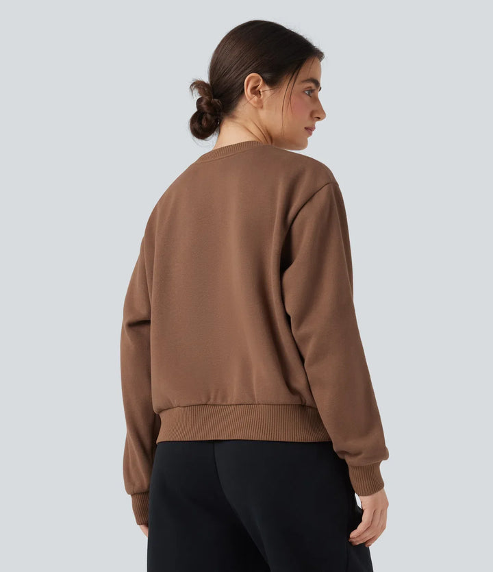 Round Neck Long Sleeve Fleece Casual Cotton Sweatshirt with Pockets