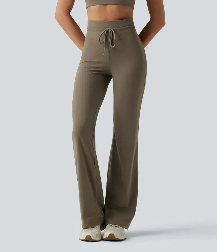 High Waisted Drawstring Plain Flared Yoga Trousers with Pockets