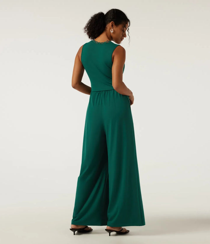Deep V Neck Sleeveless Slim Contrast Lace Party Wide Leg Jumpsuits with Built-in Bra and Pockets - Easy Peezy Edition