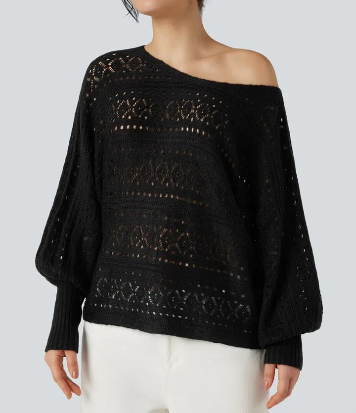 Round Neck Batwing Long Sleeve Hollow Out Casual Jumper