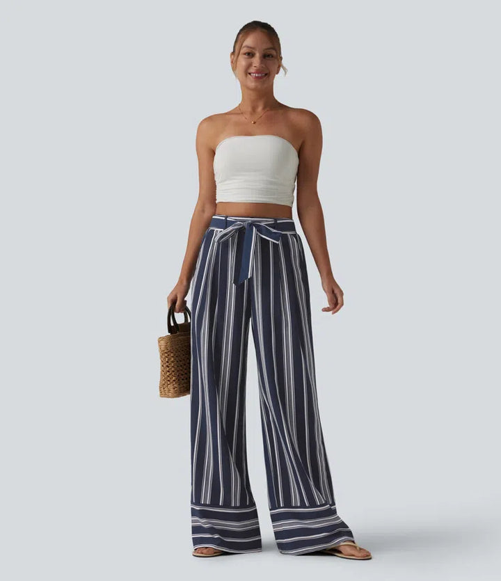 High Waisted Belted Stripes Resort Baggy Trousers with Pockets