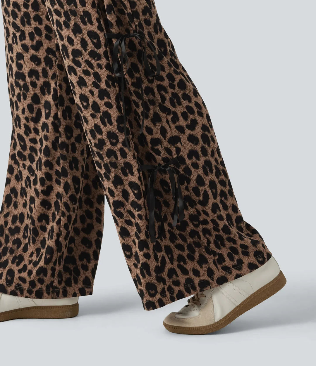 High Waisted Leopard Print Waffle Wide Leg Casual Trousers with Pockets