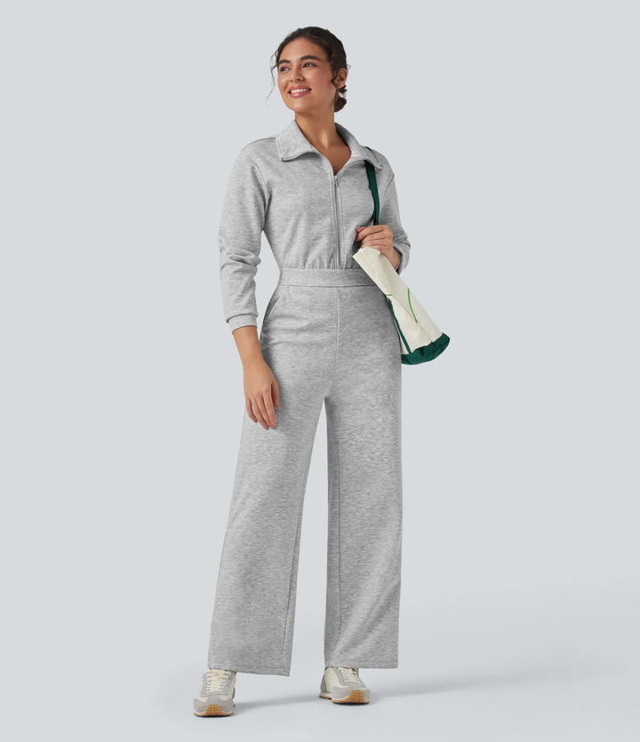 Lapel Zip Long Sleeve Casual Jumpsuit with Pockets-Easy Peezy