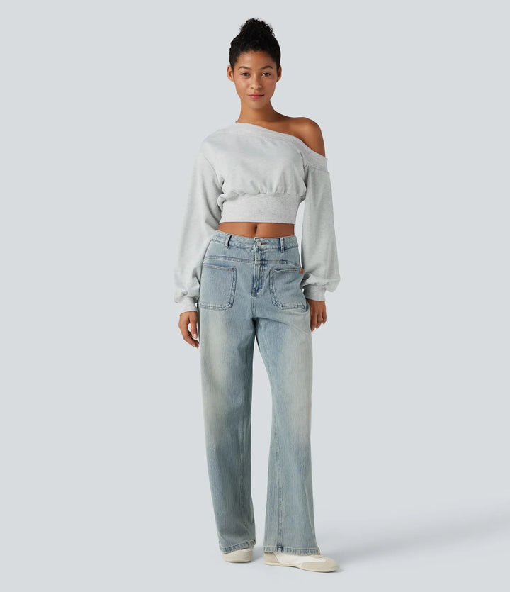 One-shoulder Long Sleeve Cropped Casual Sweatshirt