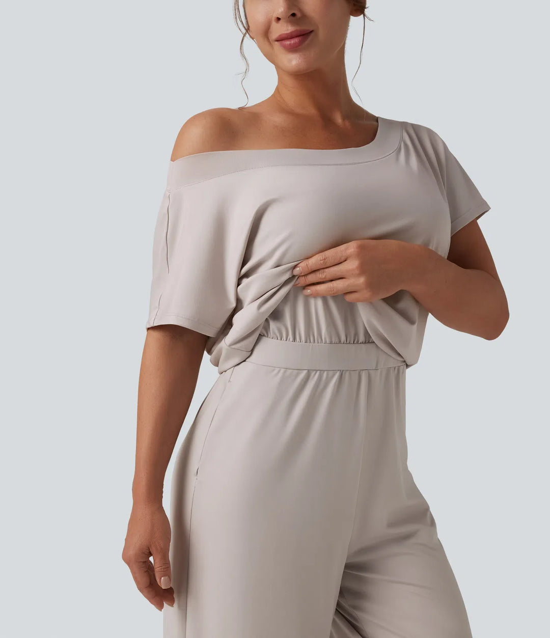 One-shoulder Short Sleeve Split Hem Casual Jumpsuit with Pockets-Easy Peezy