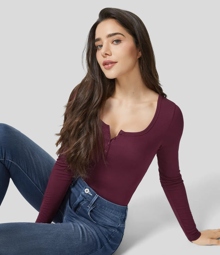 Ribbed Henley Neck Long Sleeve Slim Casual T-Shirt