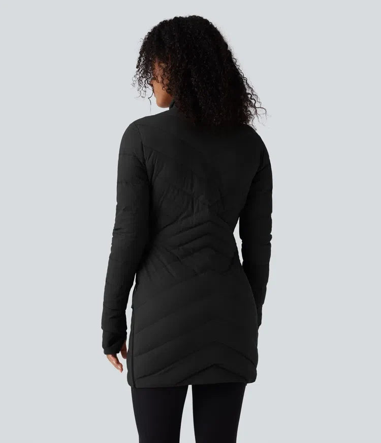 PuffFlex Stand Collar Long Sleeve Thumb Holes Zip Hem Stretchy Slim Casual Quilted Jacket with Pockets
