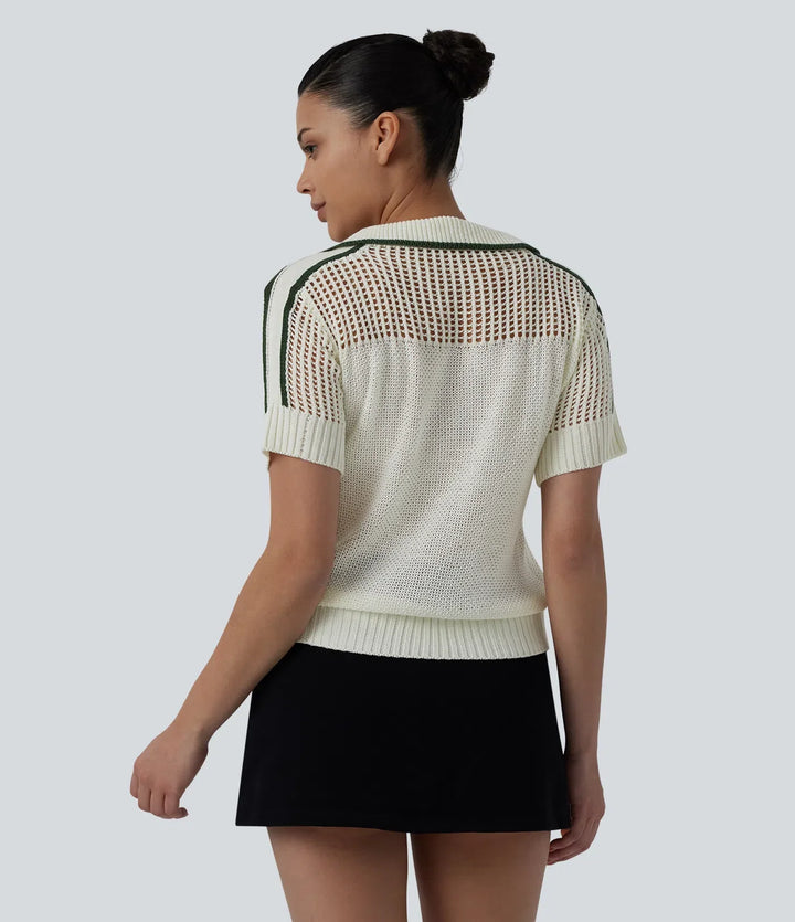 Half Zip Short Sleeve Cut Out Color Block Casual Jumper