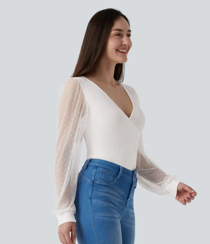V Neck Long Sleeve Polka Dot Contrast Mesh Casual Blouse