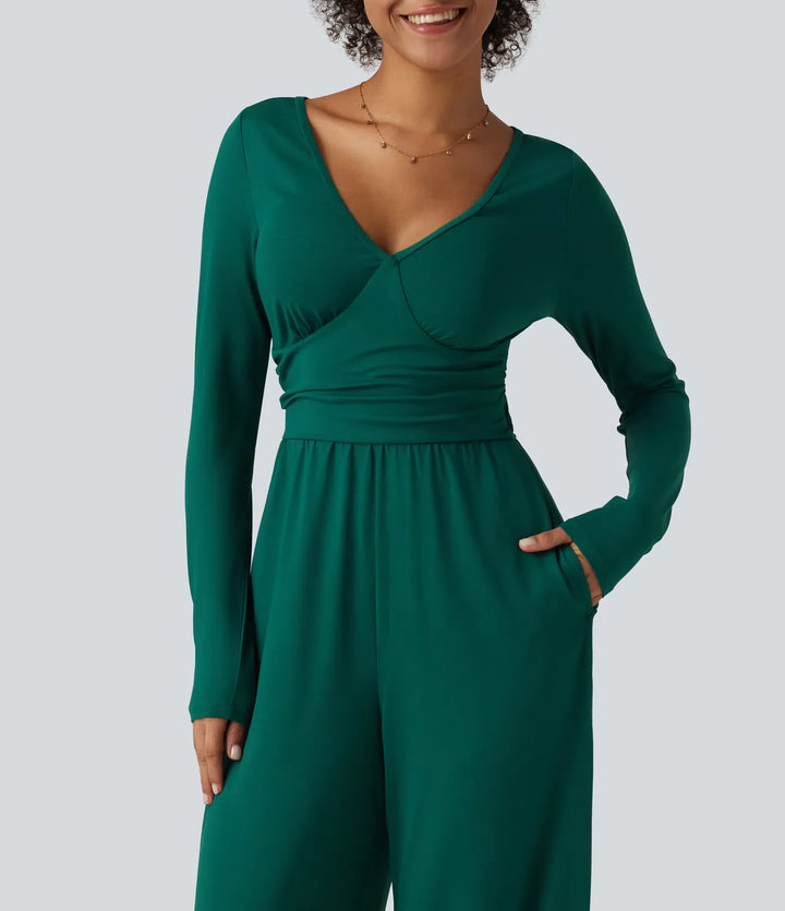 V Neck Long Sleeve Ruched Wide Leg Casual Jumpsuit with Pockets-Easy Peezy Edition