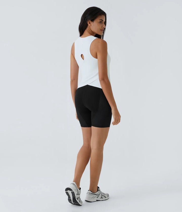 Cut Out Crossover Hem Solid Yoga Tank Vest Top