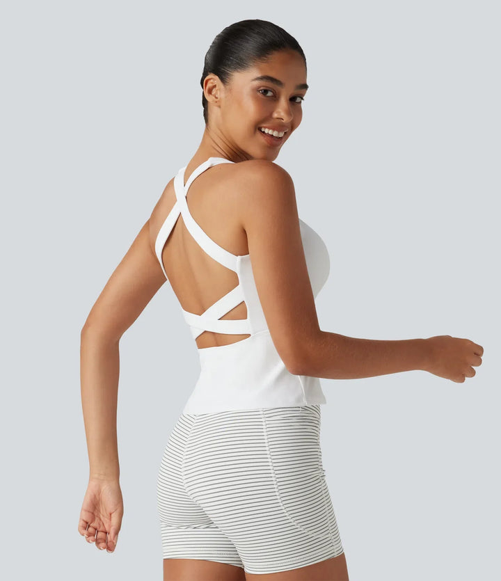 SoftlyZero Airy Square Neck Built-in Bra InstantCool Training Tank Top-Longer Length-UPF50+ DD-F Cups