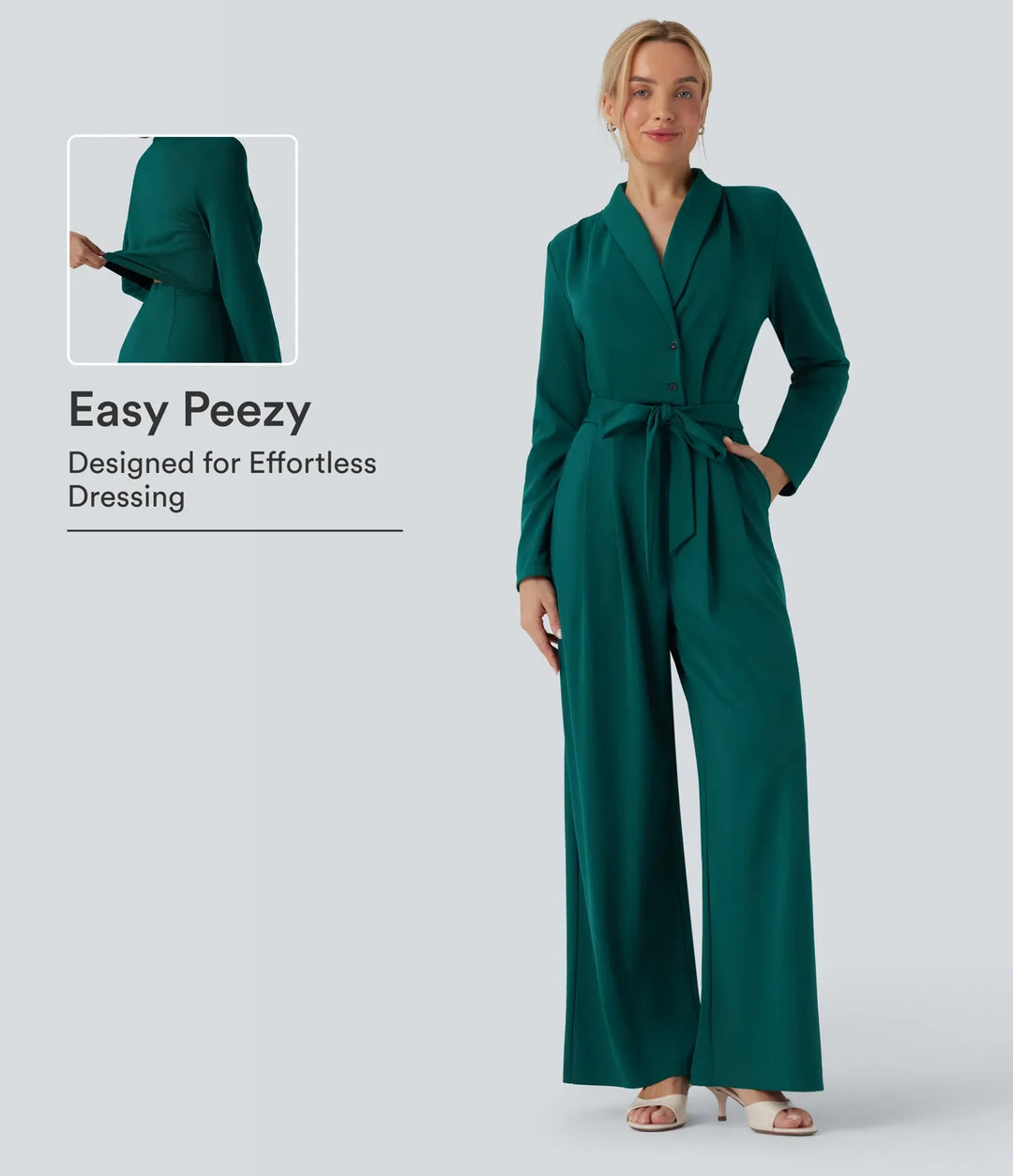 V-neck Long Sleeve Belted Jumpsuit with Pockets-Easy Peezy