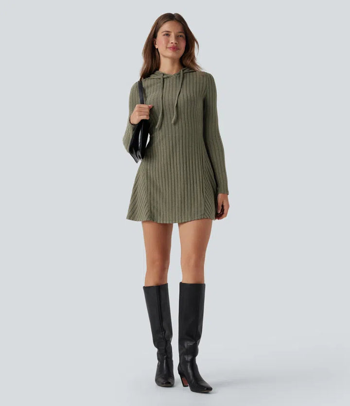 Ribbed Knit Hooded Drawstring Long Sleeve Mini Fleece Casual Dress