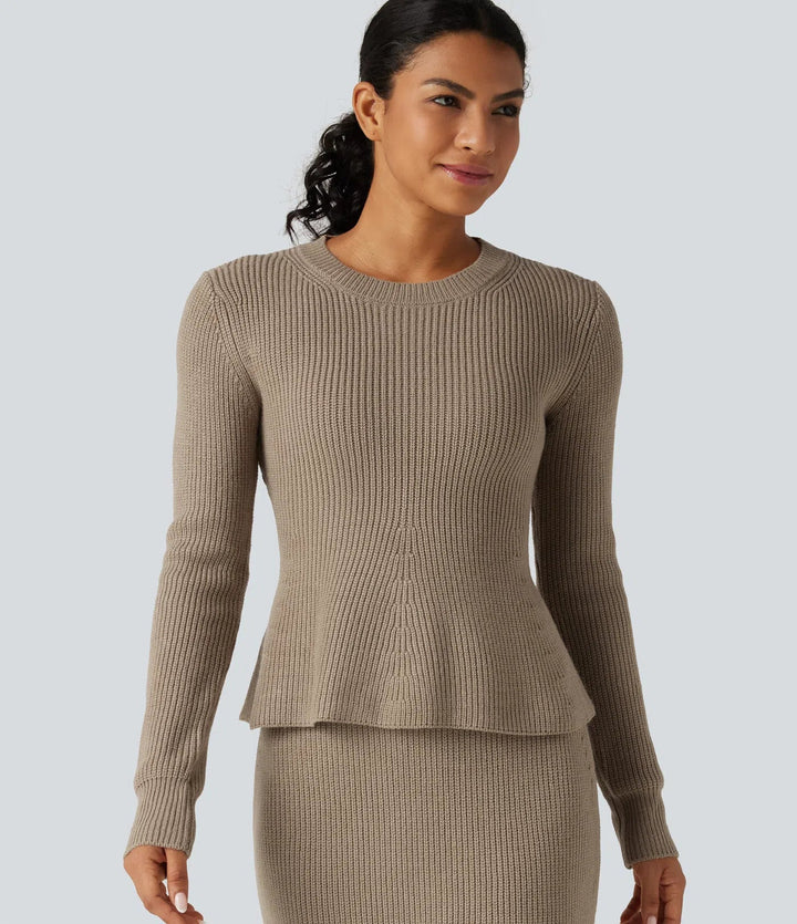 Round Neck Long Sleeve Ruffle Hem Work Jumper