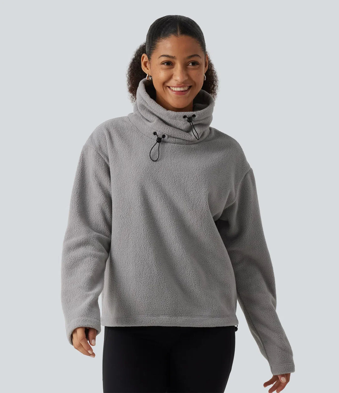 High Neck Drawstring Long Sleeve Gathered Hem Fleece Casual Sweatshirt