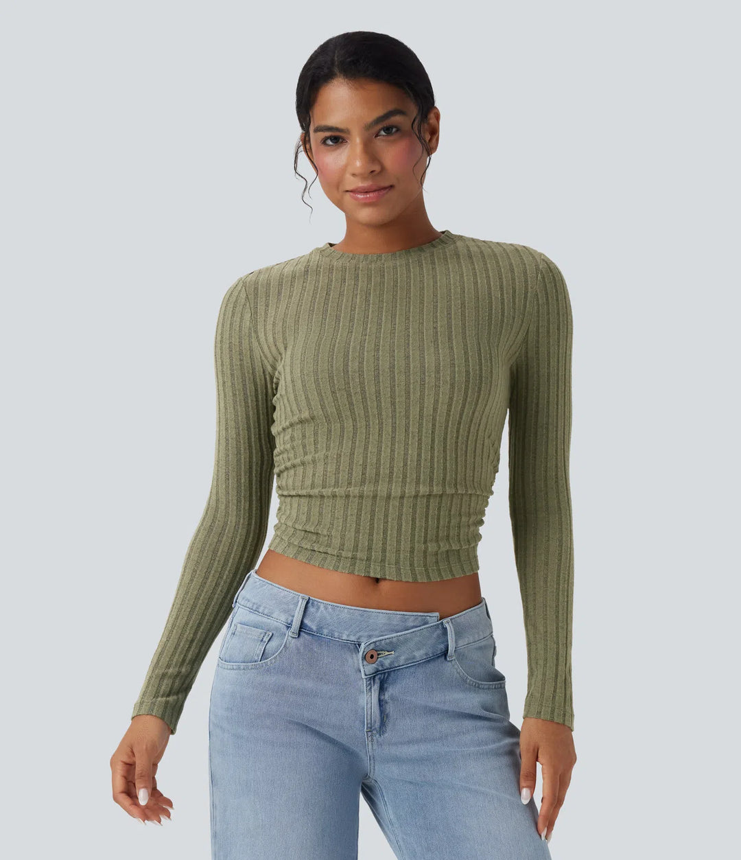 Ribbed Knit Long Sleeve Cropped Capri Fleece Casual Top