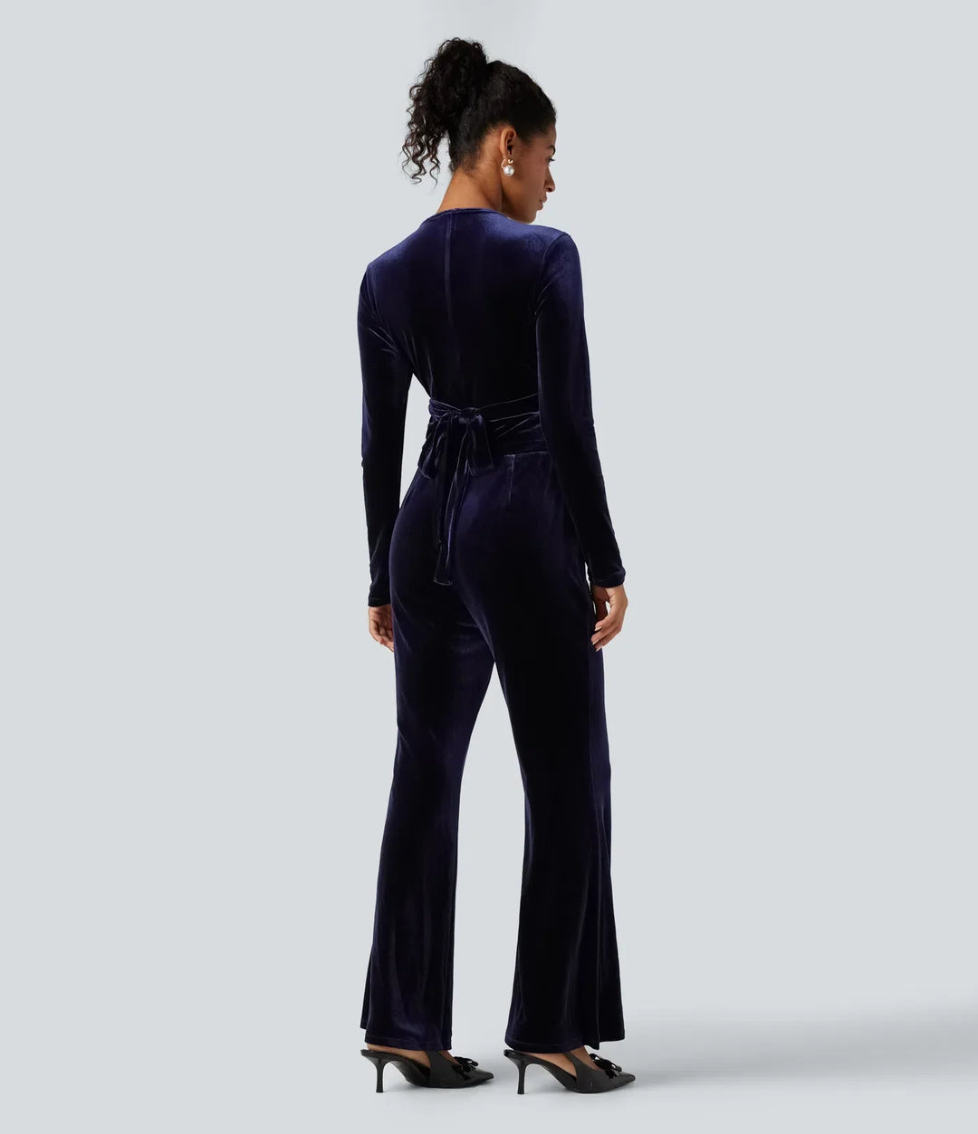 Deep V-neck Long Sleeve Twisted Tie Back Velvet Party Jumpsuit with Pockets-Easy Peezy