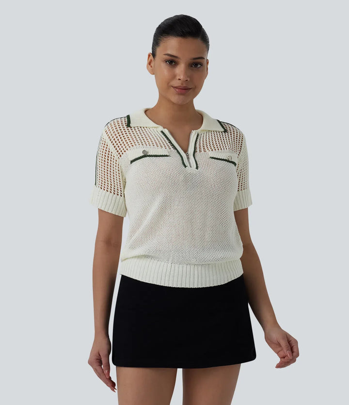 Half Zip Short Sleeve Cut Out Color Block Casual Jumper