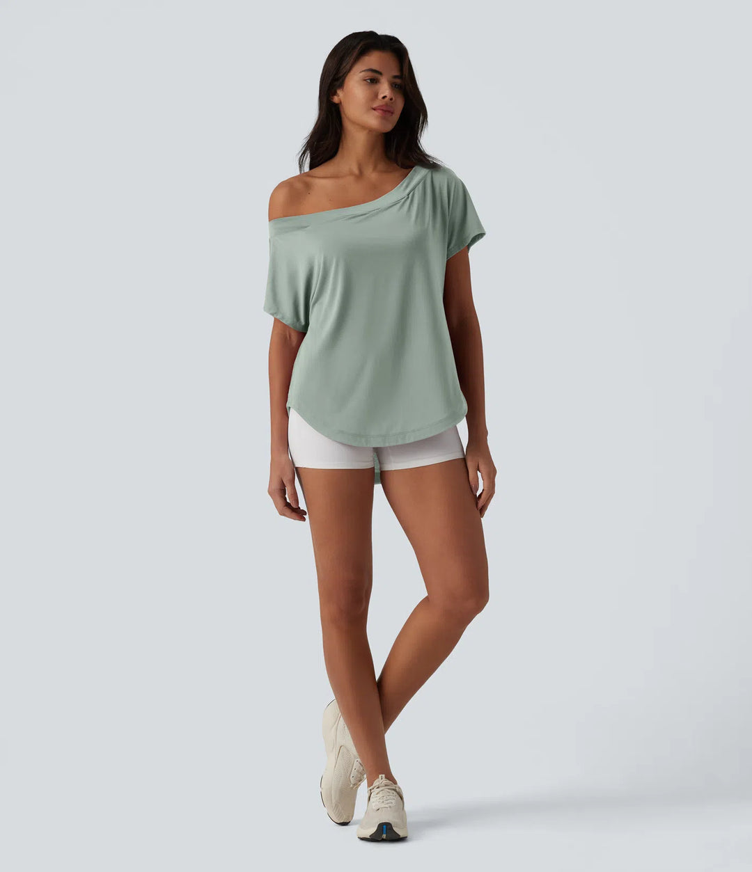 One Shoulder Short Sleeve Curved Hem High Low Quick Dry Yoga Sports Top-Built-in Bra