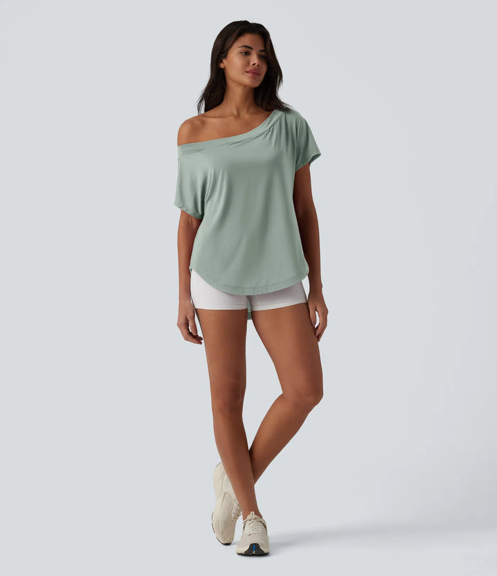 One Shoulder Short Sleeve Curved Hem High Low Quick Dry Yoga Sports Top-Built-in Bra