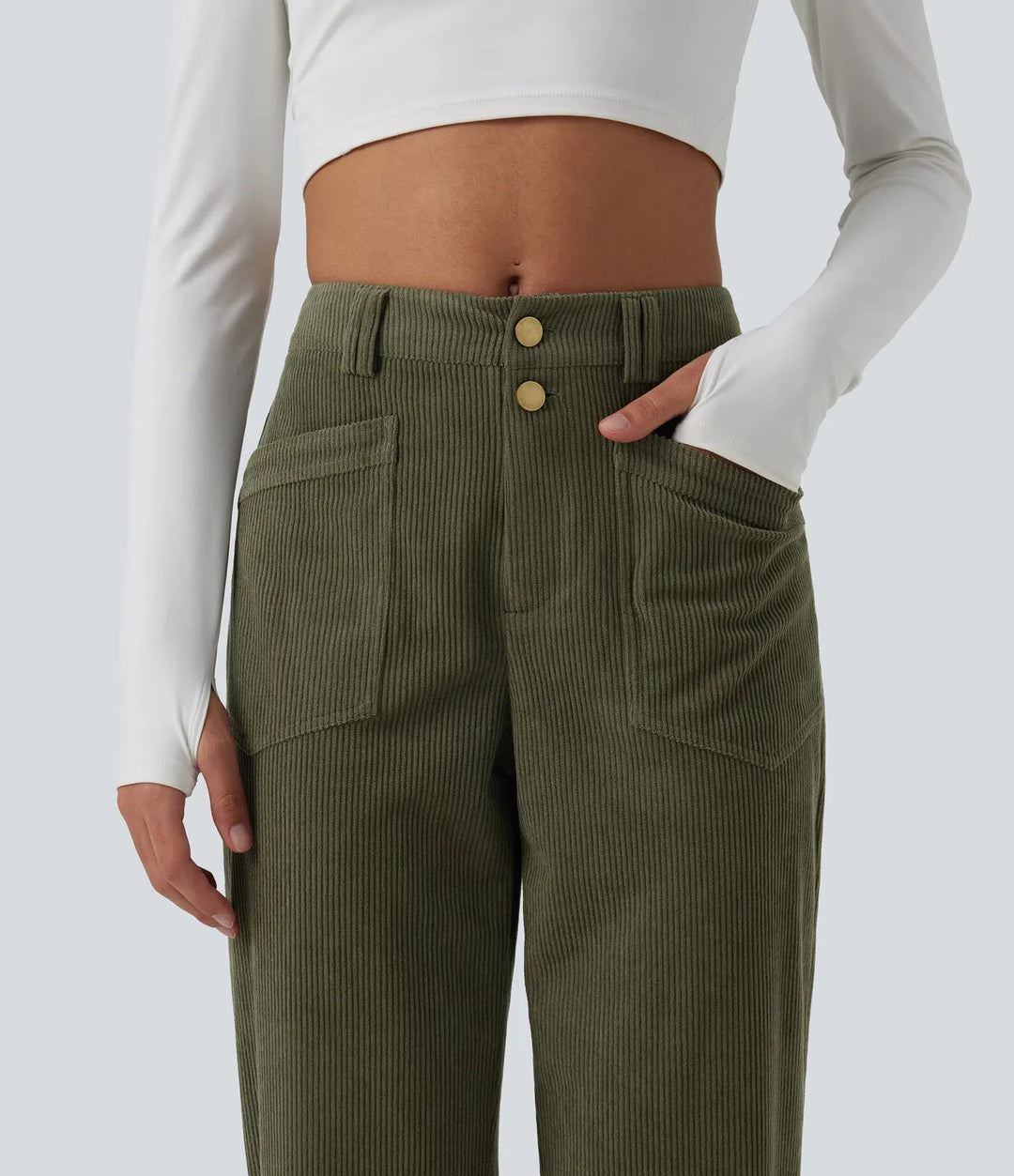 Mid Rise Tapered Corduroy Casual Trousers with Pockets