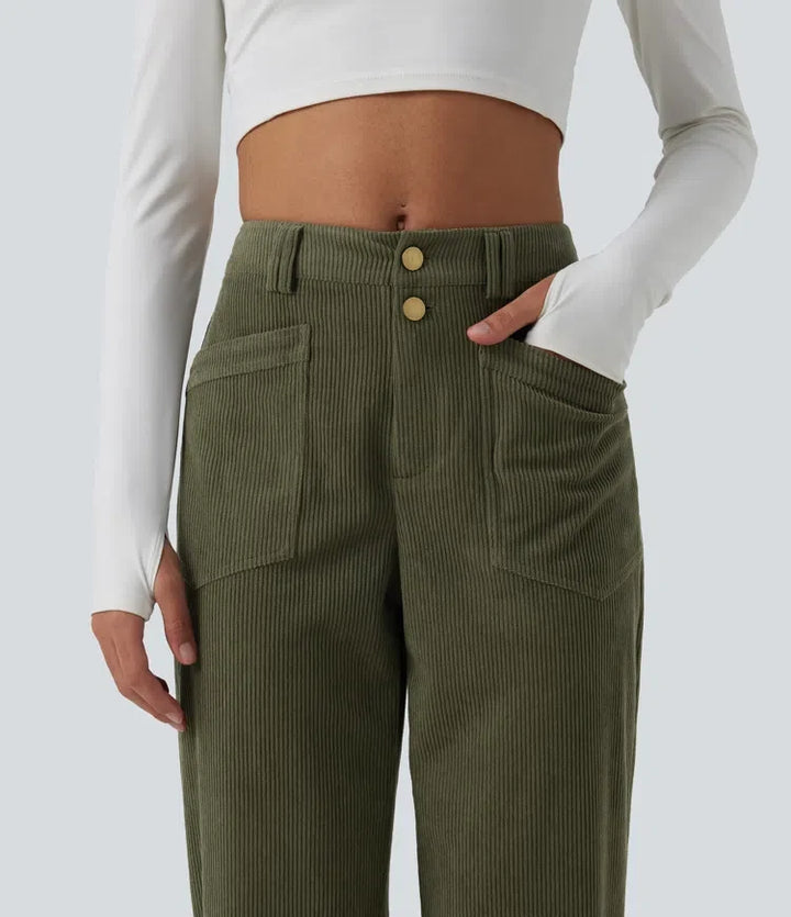 Mid Rise Tapered Corduroy Casual Trousers with Pockets