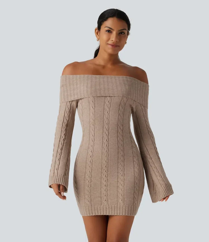 Off Shoulder Bell Long Sleeve Bodycon Mini Casual Jumper Dress