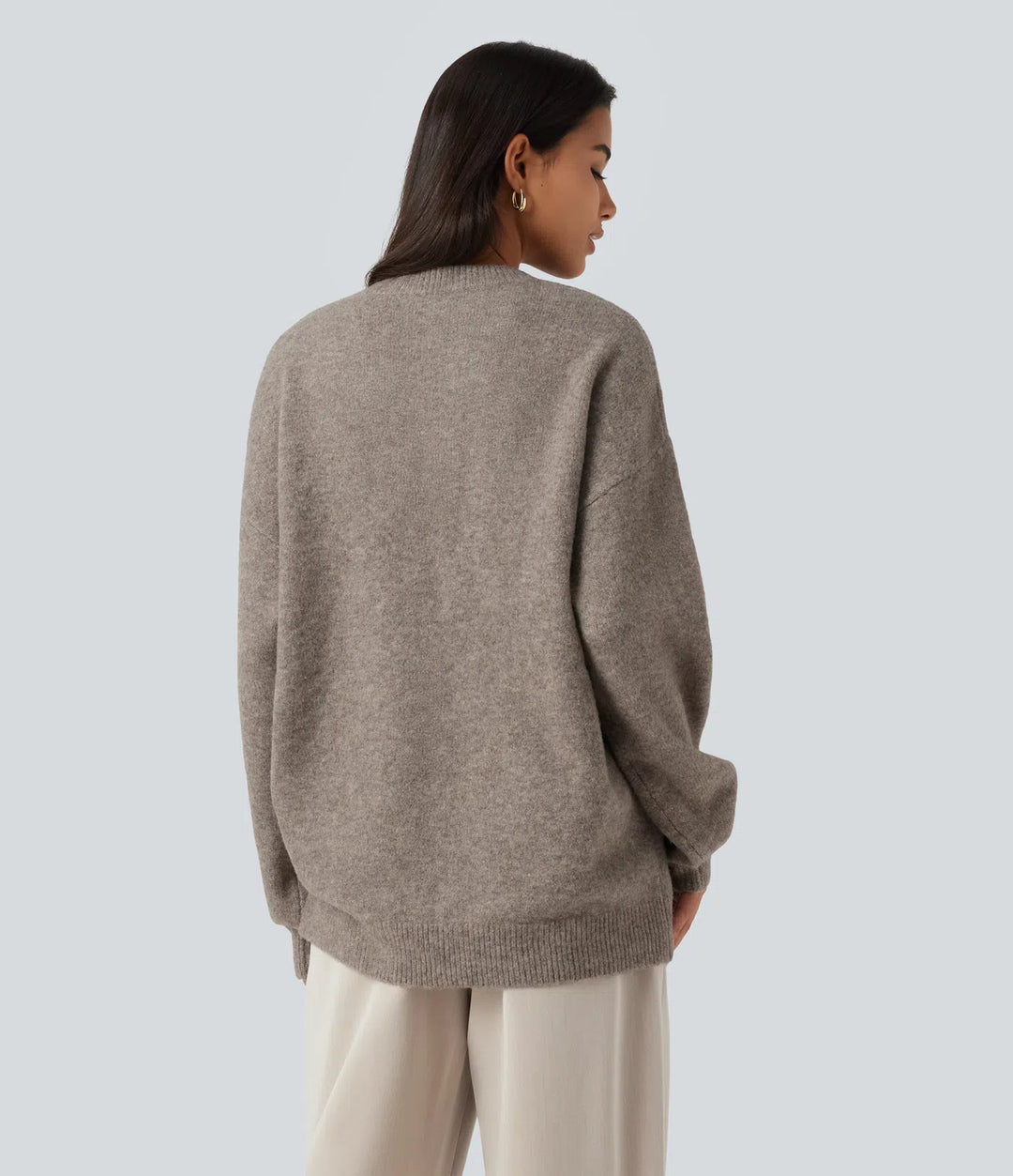 Round Neck Dropped Long Sleeve Work Wool-Blend Jumper